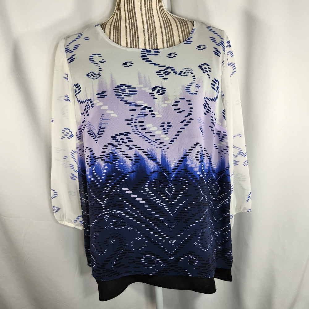 AB Studio White Blue Purple Heart Pattern Button Neck Top Size Medium
